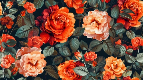 Seamless floral pattern with of red and orange roses on black background