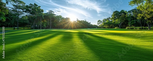 Golf course with lush fairways, pristine green grass under clear skies photo