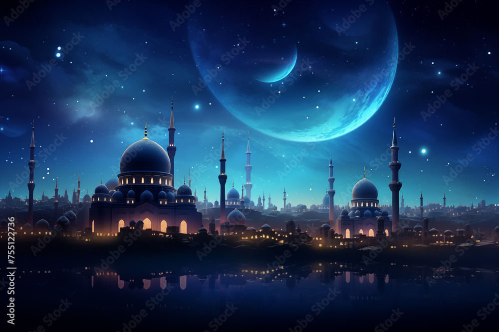 a mosque silhouette against a Ramadan night sky, with a crescent moon and stars. Ramdan Kareem & Eid Mubark. 
