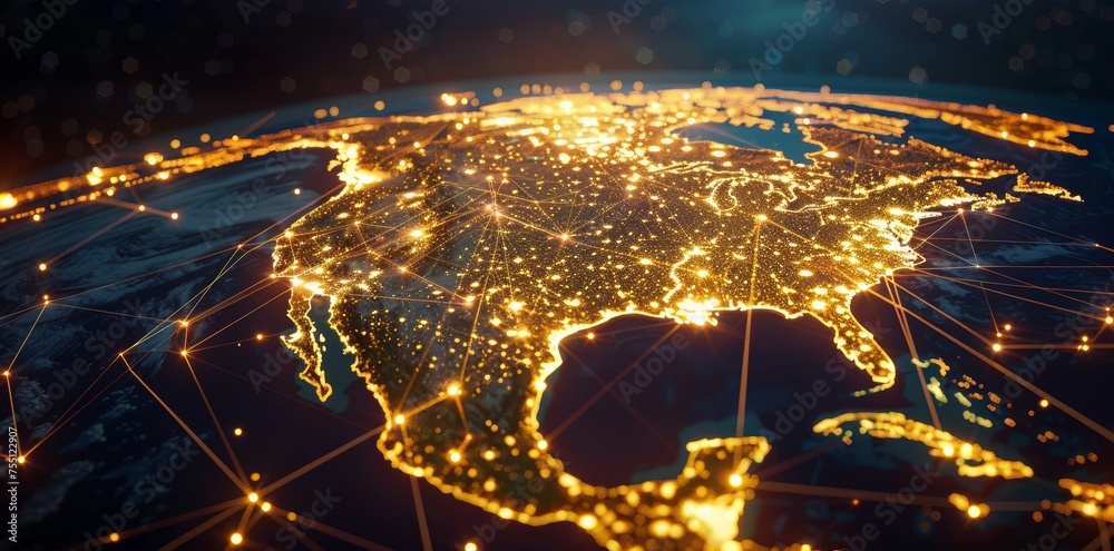 Earth at night with a glowing network as a symbol of global connection, technology and data information transfer. Worldwide connection through internet. View from space on North America / USA. Earth at night with a glowing network as a symbol of global connection, technology and data information transfer. Worldwide connection through internet. View from space on North America / USA.