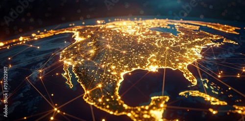 Earth at night with a glowing network as a symbol of global connection, technology and data information transfer. Worldwide connection through internet. View from space on North America / USA.