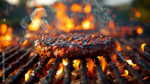 Hamburgers Cooking on Grill With Flames