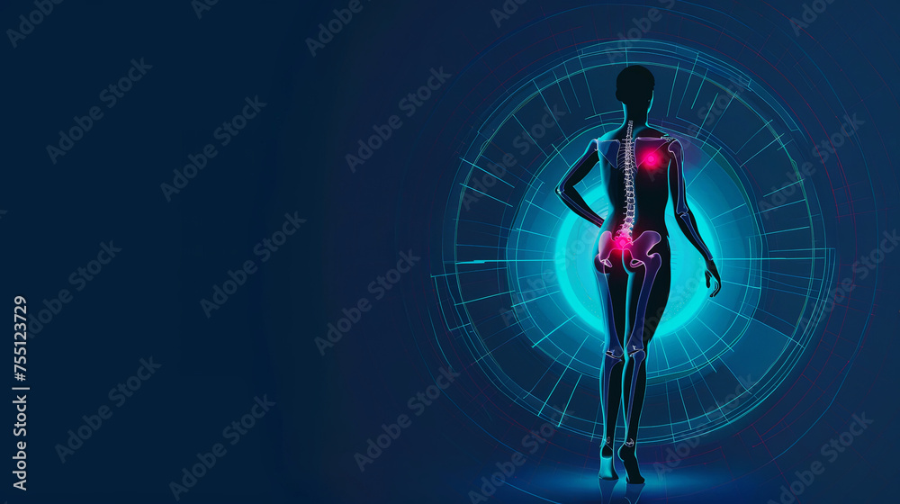 Pain in the back of a young person. Medical banner on blue background