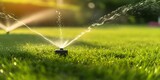 Efficient irrigation system hydrating lush green lawn with automated sprinklers. Concept Automated Sprinkler System, Efficient Irrigation, Lush Green Lawn, Water Conservation, Smart Technology