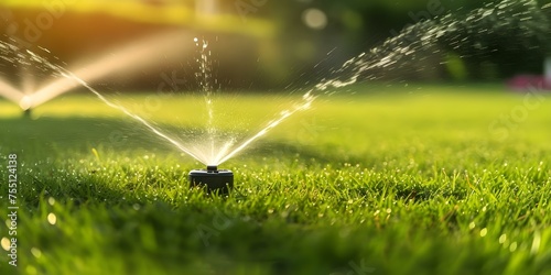Efficient irrigation system hydrating lush green lawn with automated sprinklers. Concept Automated Sprinkler System, Efficient Irrigation, Lush Green Lawn, Water Conservation, Smart Technology