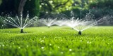 Automated Sprinkler System Ensuring Efficient Hydration of Lush Green Lawn. Concept Smart Irrigation, Water Conservation, Lawn Management, Technology in Gardening