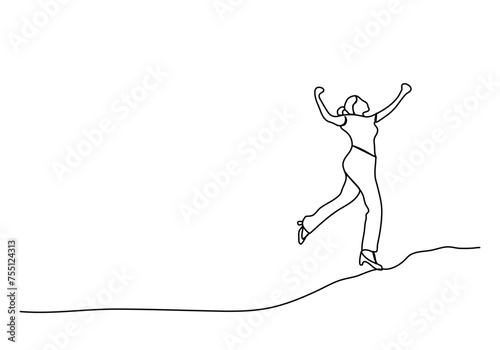 Happy woman, one line drawing vector illustration.