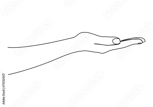 Outstretched palm, one line vector illustration.