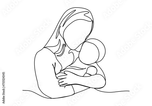 A woman with a baby in her arms. One line drawing vector illustration.