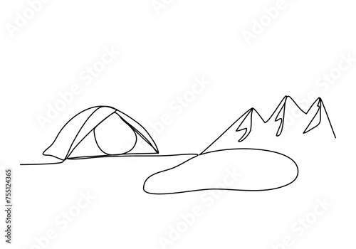 Tourist tent. One line drawing vector illustration.