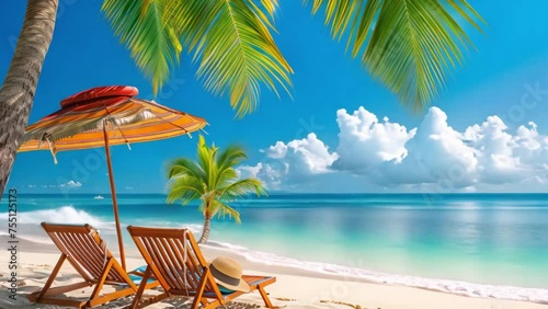 lounge chairs on a hot tropical beach
