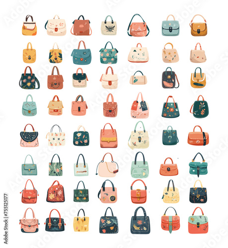 Bags cartoon vector set. Storage womens fashion accessories different models floral patterns design illustrations isolated on white background © ssstocker