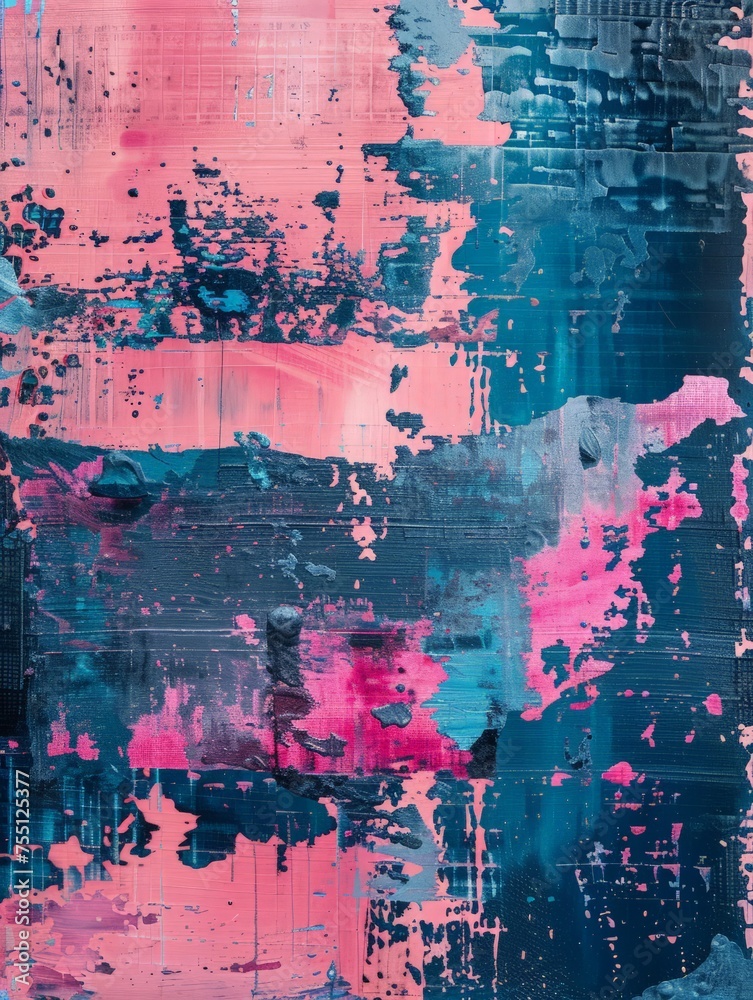 Obraz premium An abstract painting featuring swirls and splashes of pink and blue colors, creating a vibrant and dynamic composition.