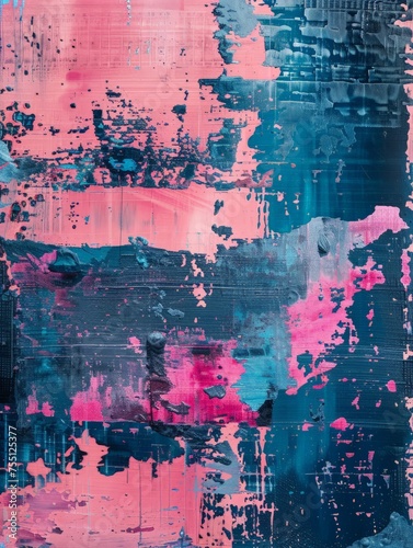 An abstract painting featuring swirls and splashes of pink and blue colors, creating a vibrant and dynamic composition.