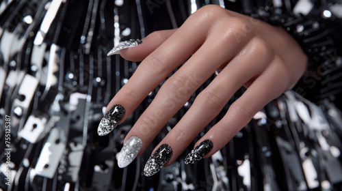 Luxurious black and silver glitter manicure displayed over a background of shiny sequins, exuding sophistication
