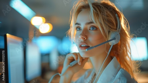 Beautiful blonde woman telephone operator talking with customer in call center. Generative AI.