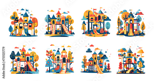Children playgrounds minimalistic cartoon vector set. Kids game spaces slides swing castles towers, nature trees clouds birds stylized background, isolated colorful illustrations