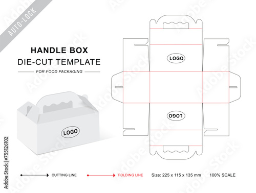 Box with handle die cut template with 3D blank vector mockup for food packaging