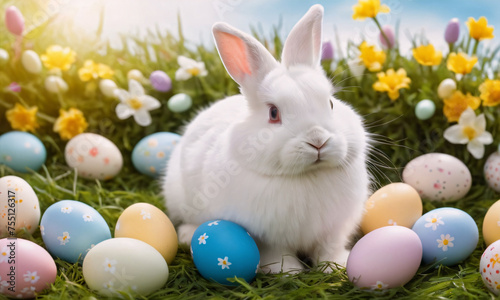 Cute white bunny sitting on a green lawn surrounded by colorful painted Easter eggs and spring flowers on a sunny day. Fluffy rabbit on grass with colorful eggs on Easter © Qeeraw