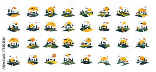 Countryside houses logo vector set. Outside city life real estate field forest hills trees sun nature environment colored icons isolated on white background