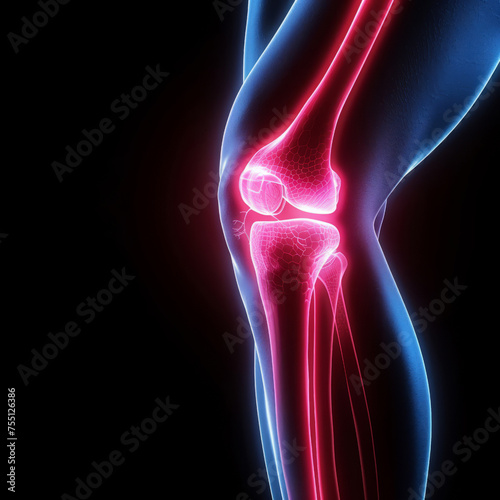 knee pain. transparent contour of leg and red inflamed joint, human anatomy. realistic illustration.