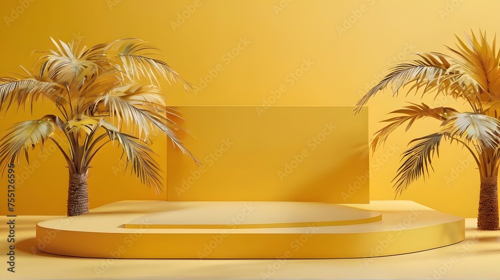 Yellow podium product background 3d summer display platform nature minimal. Product stand yellow background podium 3d tropical stage scene palm beauty mockup cosmetic abstract table autumn food banner Yellow podium product background 3d summer display platform nature minimal. Product stand yellow background podium 3d tropical stage scene palm beauty mockup cosmetic abstract table autumn food banner