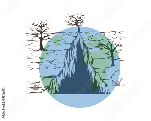 vector design illustration of barren land and dry trees and lots of small cracks as well as large cracks in various corners with a faint globe of the earth in the middle as a symbol of the dying earth