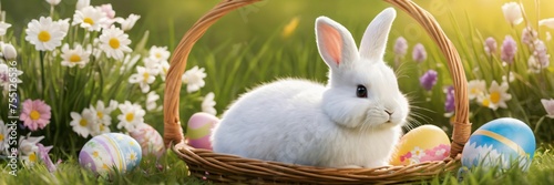 Panoramic banner with cute white bunny sits in a wicker basket surrounded by lots of painted Easter eggs on a lawn with spring flowers. Little fluffy rabbit in a basket with colorful eggs for Easter