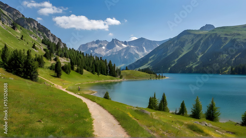 Touristic trail in the mountains near the lake © Hanna Ohnivenko