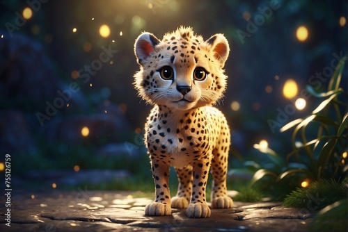 Little cheetah with a glowing golden aura in the dark