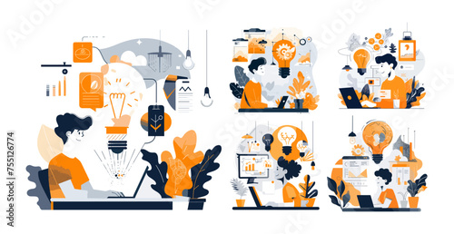 Creative process scenes minimalistic cartoon vector concepts. Sitting man laptop working character ideas light bulb incarnation thinking, room plants lamps interior illustrations isolated on white bac © ssstocker