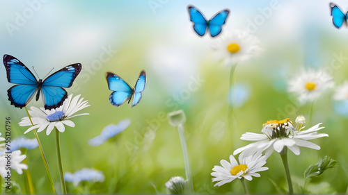 Background flower butterfly spring garden floral beauty blossom plant blue. Garden spring butterfly background summer flower field white color season banner daisy wild morning nature meadow bloom teal © Hanna Ohnivenko