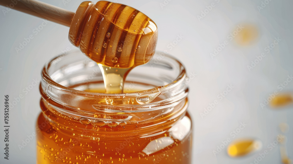 Honey inside a transparent bottle with a honey dipper on white background. Generative AI. Honey inside a transparent bottle with a honey dipper on white background. Generative AI.