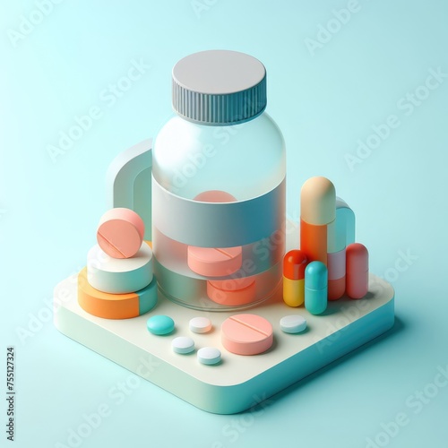 Plastic Medicine Jar with Tablets and Pills. 3D minimalist cute illustration.
