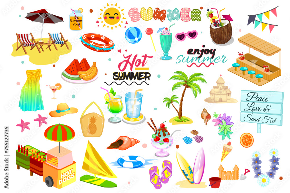 Vector Collection of summer elements : sun, palm tree, ice cream, tropical fruits. Perfect for summertime designs : poster, card, invitation, sticker kit.