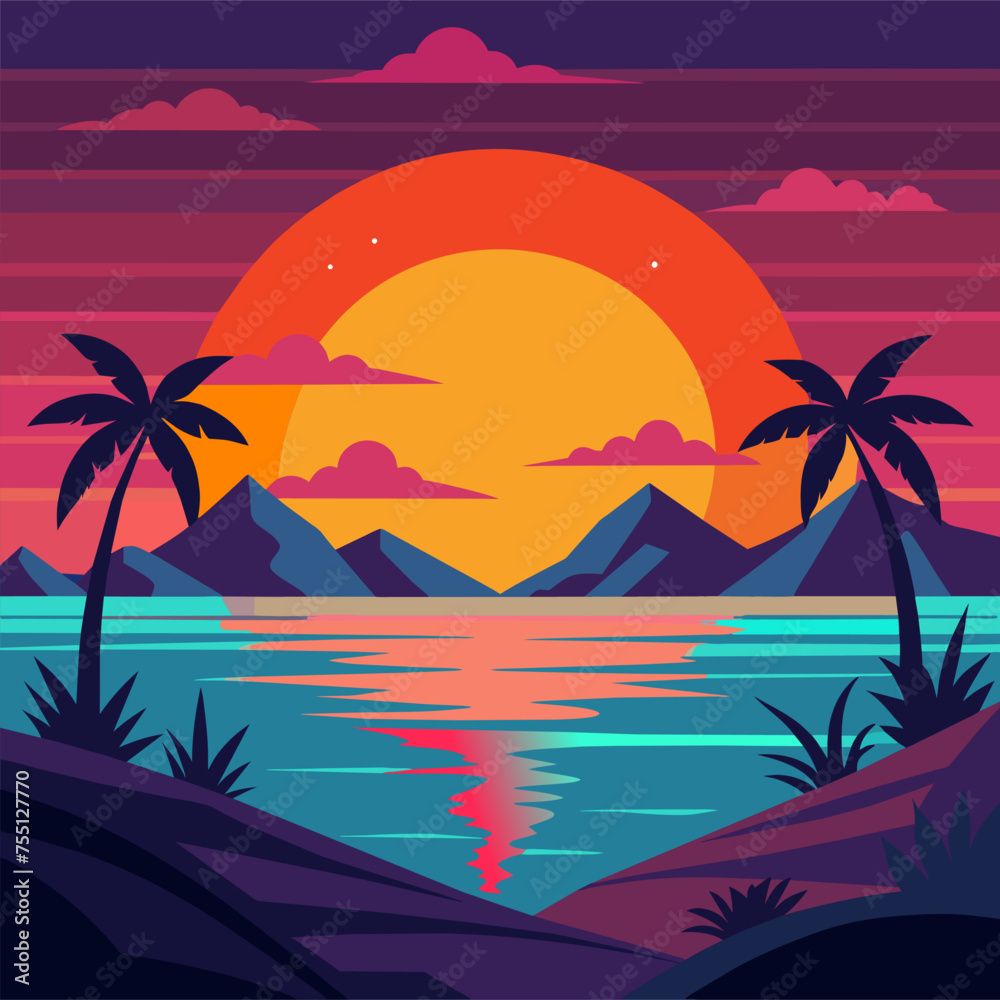 Minimalist Summer Sunset Flat Vector Illustration, T-shirt Design, Tranquil Ocean Horizon Landscape, Serene Dusk Skyline Print design