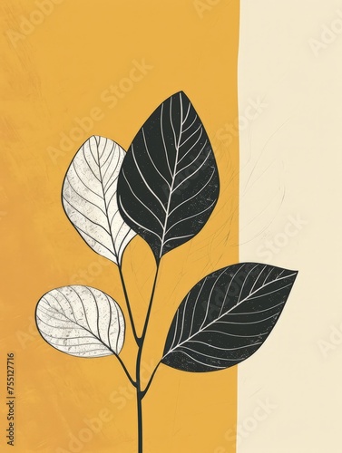 A painting of a green plant with leaves set against a vibrant yellow background.