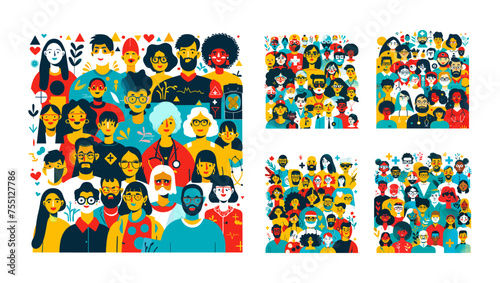 Doctors avatars crowd minimalistic cartoon vector social concepts. Medical health workers characters, nurses paramedics staff personnel, abstract minimalistic illustrations isolated on white backgroun
