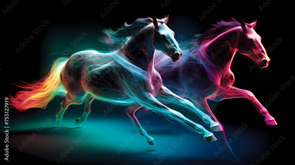Galloping Horse Horses Animal Plexus Neon Black Background Digital ...