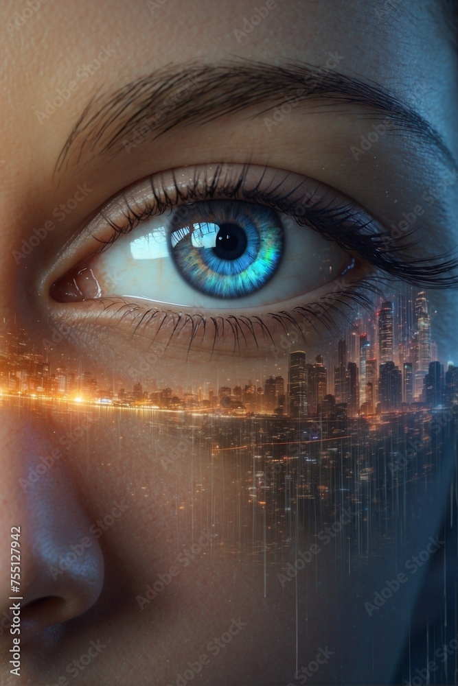 Cyberpunk gaze: digital world in a human eye Cyberpunk gaze: digital world in a human eye