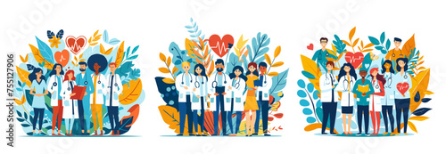 Doctors group together simple cartoon concepts. Full growth crowd medical worker paramedics nurses hospital staff personnel characters, plants hearts elements abstract background isolated illustration