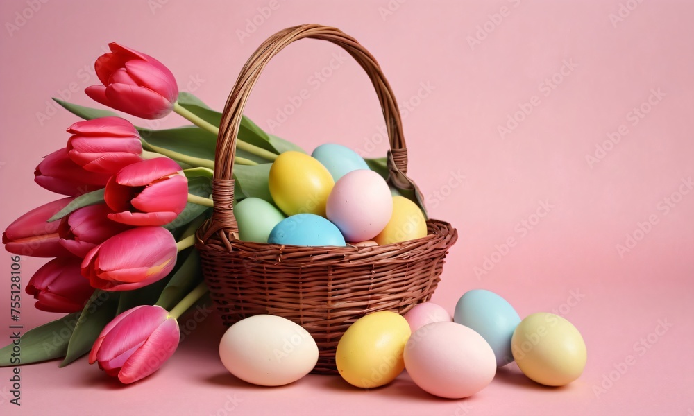 Cute wallpaper with hand-painted colorful Easter eggs in a wicker basket with tulip bouquet on soft pink background. Still life with pastel colored eggs and spring flowers for Easter holiday