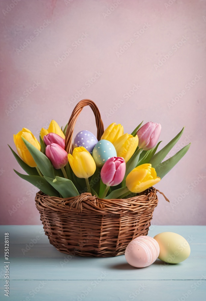 Poster with tulip bouquet in a wicker basket and hand-painted colorful Easter eggs on soft pink background with copy space for  text. Still life with pastel colored eggs and spring flowers for Easter