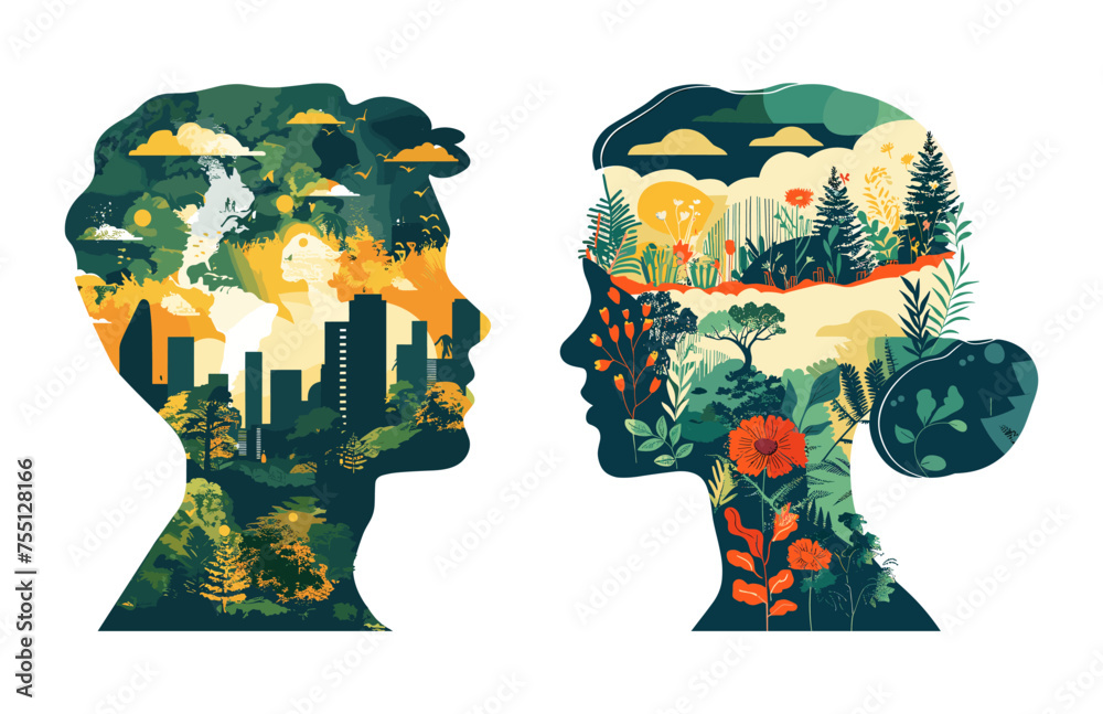 Double exposure cityscape landscape vector concepts. looking each other man woman profile silhouettes, urban clouds skyline, forest trees nature flowers plants elements, illustrations isolated on whit - obrazy, fototapety, plakaty 