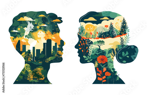 Double exposure cityscape landscape vector concepts. looking each other man woman profile silhouettes, urban clouds skyline, forest trees nature flowers plants elements, illustrations isolated on whit