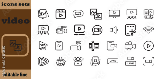 Video icon set. Containing camera, play, pause, media, online video, live, production, player, movie and cinema icons. Solid icon collection.