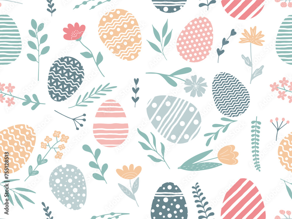 Happy Easter seamless Pattern. Colorful Easter Eggs, plant and flower on white. Cute Spring Holidays Background. Elements for Design of Card, packaging, flyer, Advertising, print Happy Easter seamless Pattern. Colorful Easter Eggs, plant and flower on white. Cute Spring Holidays Background. Elements for Design of Card, packaging, flyer, Advertising, print