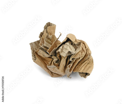 Crumpled beige cardboard paper ball in office  isolated on white background. Crumpled paper ball isolated on white.