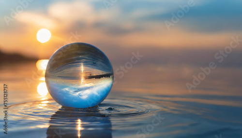 Crystal ball on water surface. Transparent glass sphere. World water day.