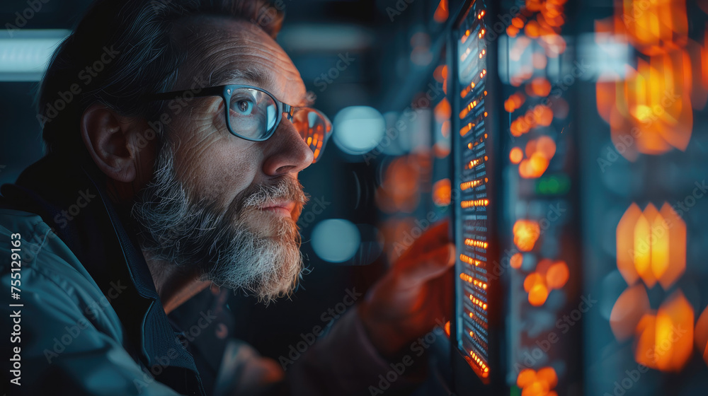 A man commodity trader sitting in the room, distracted from his trading terminal, watching at the glowing abacus. Generative AI. A man commodity trader sitting in the room, distracted from his trading terminal, watching at the glowing abacus. Generative AI.